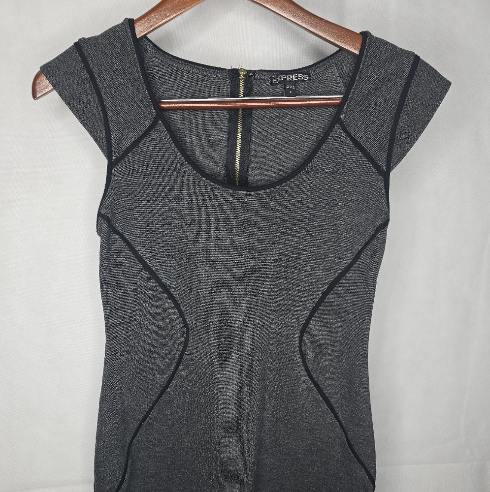 Express Bodycon Mini Dress Gray Black Trim Zipper Back Y2K Sexy Cocktail 8